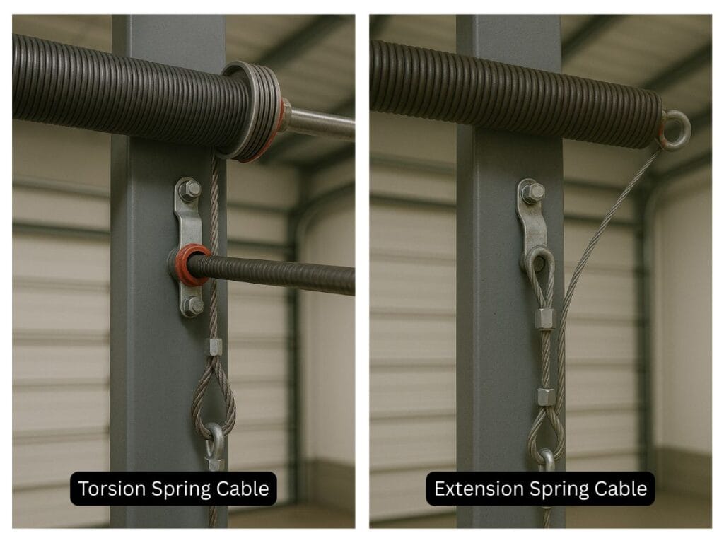 A side-by-side comparison of torsion spring cable and extension spring cable setups, illustrating their distinct roles in garage door cable replacement systems.