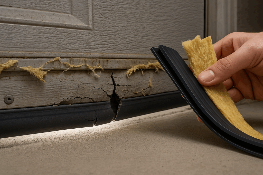 Hand holding insulation and seal near cracked garage door bottom, highlighting need for garage door repairs.
