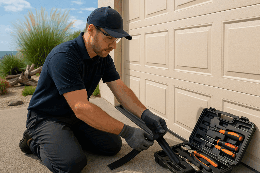 Technician installing garage door weather stripping with tools for proper sealing