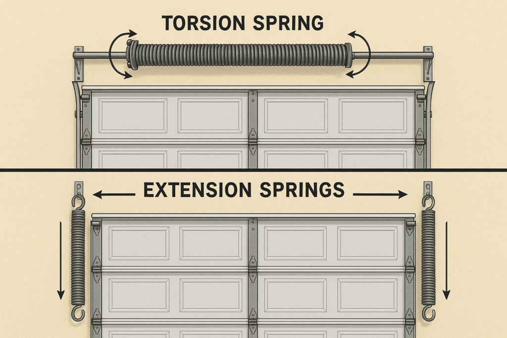 Illustration comparing torsion spring and extension springs used to repair garage door systems.