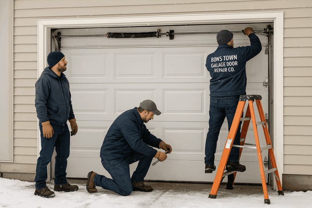 Team of technicians working together to repair garage door springs and hardware during winter service.