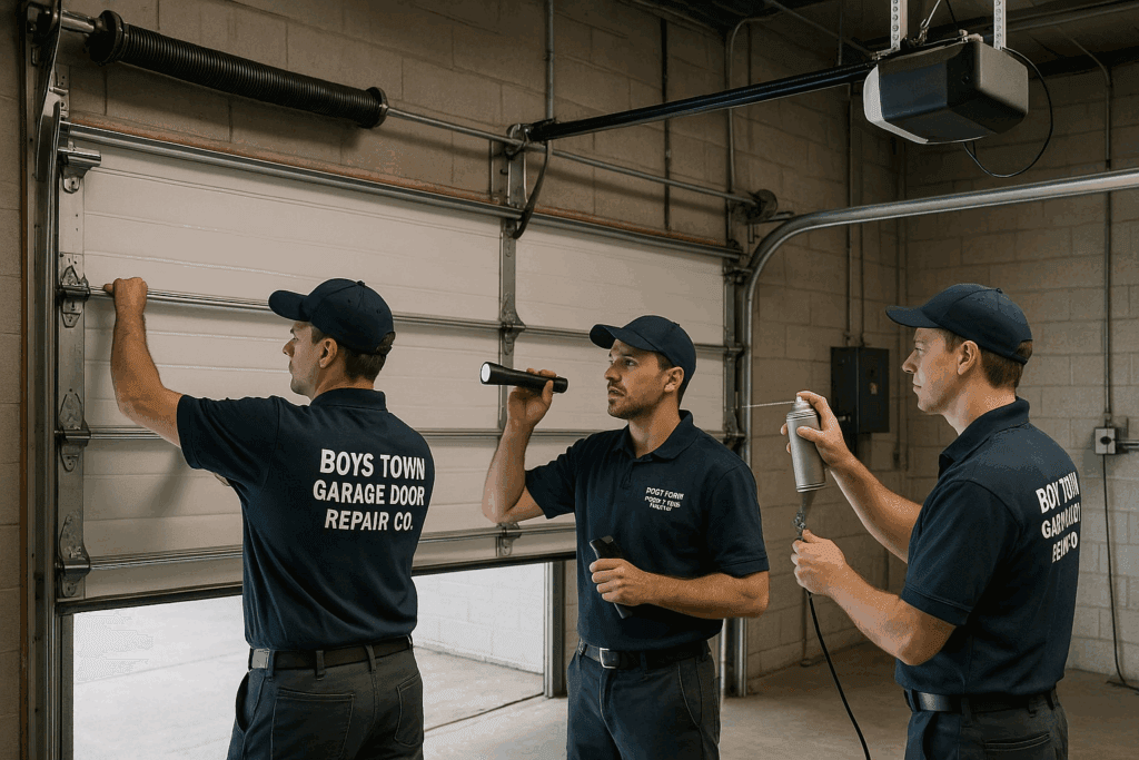 Team of technicians performing inspection and maintenance during commercial garage door repair.
