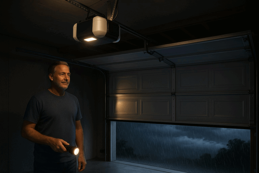 Man with flashlight inside during storm showing safety of modern garage doors.