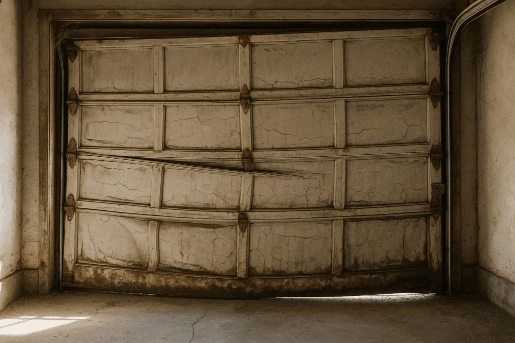 Damaged and neglected garage door shown before garage door maintenance highlighting need for repair and restoration.