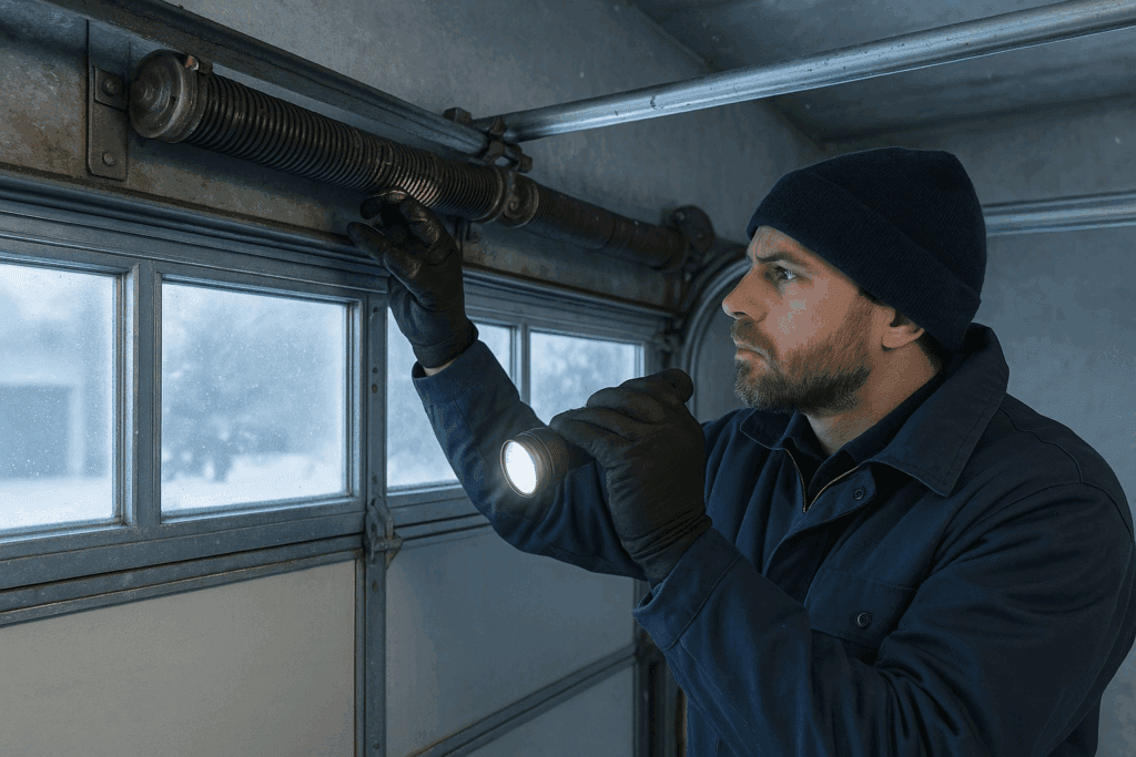 Technician performing garage door maintenance by inspecting torsion springs during a winter safety check.
