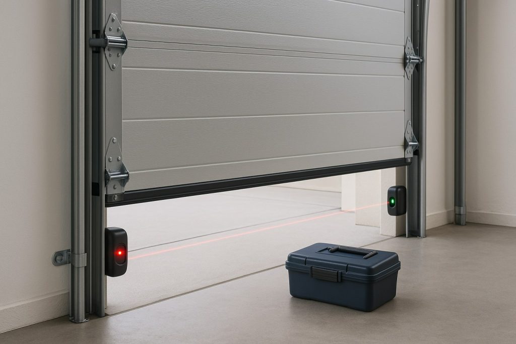 Safety sensors stop automatic garage doors from closing when an object blocks the beam.