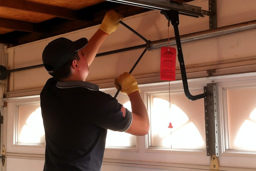 Garage door troubleshooting: technician tightening the garage door spring and track hardware overhead.
