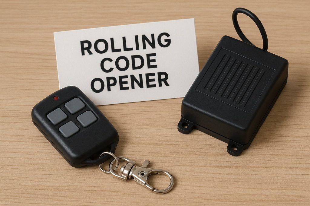 Garage door troubleshooting: rolling code opener remote and receiver shown on a tabletop.